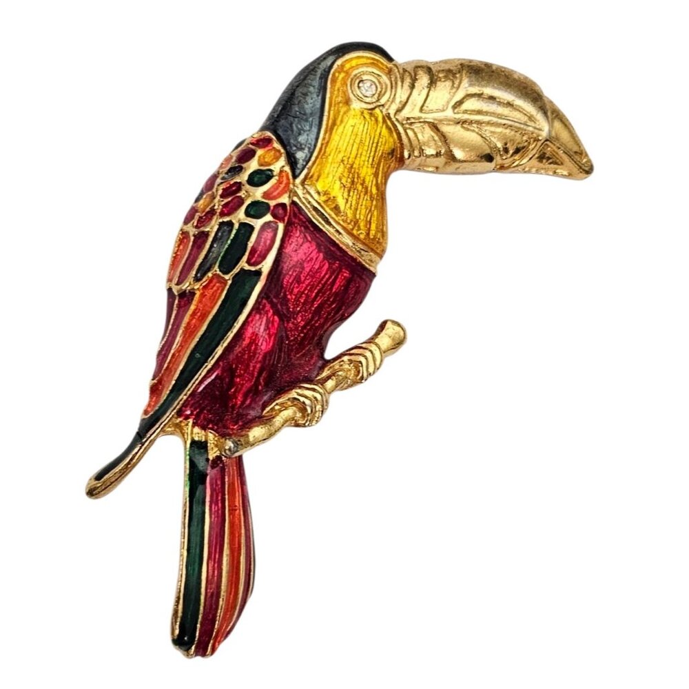 Don Lin Gold Tone Multicolor Enamel Toucan Bird Brooch Signed